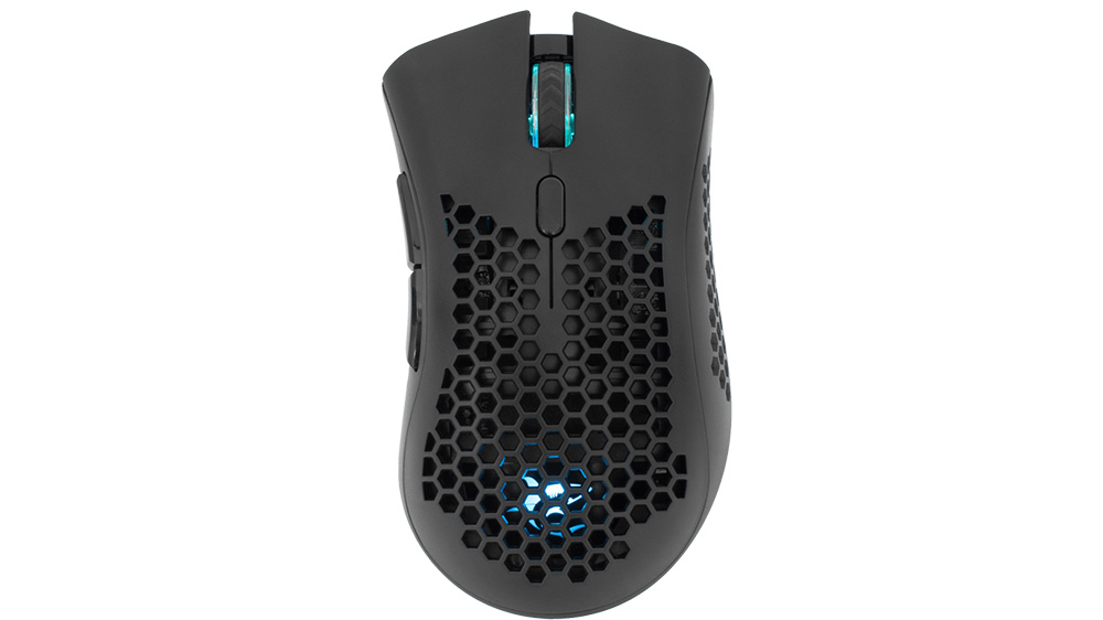 Herní bezdrátová myš White Shark WGM-5012 Lionel Black na bílém pozadí zobrazující ergonomický design zeshora